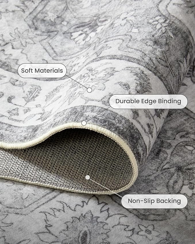 Amada 8x10 Area Rugs, Non-Slip Washable Rug with Low Profile, Durable Bound Edge, Soft Large Vintage Rug for Living Room, Bedroom, Dinning Room, Home Office,Silver Gray