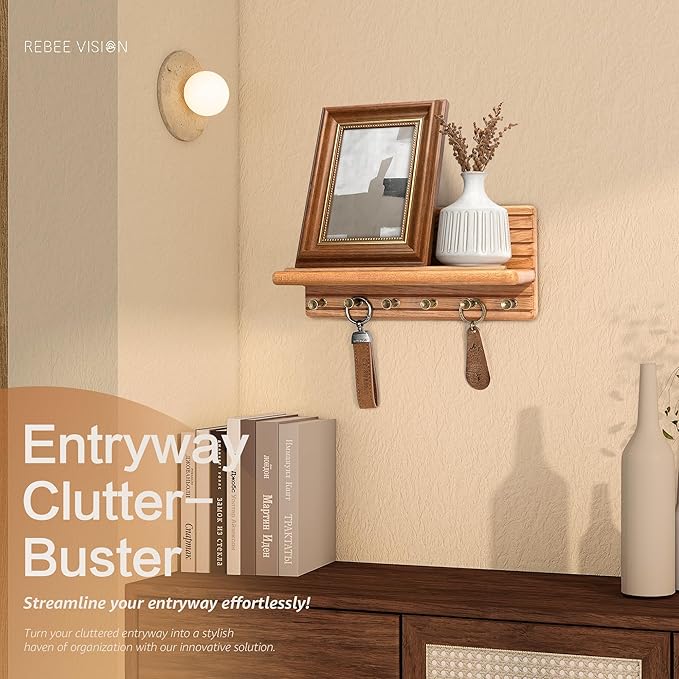 Rebee Vision Cedar Wood Key Holder Wall Mount – Farmhouse Wooden Key Holder for Wall with 6 Hooks & Floating Shelf - Farmhouse Home Decor Solution (Walnut)