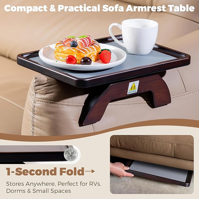 Couch Armrest Table, Foldable Bamboo Sofa Arm Tray for Couch with a Non-Slip Pad, Clip On Couch Arm Table for Remotes/Eatting/Drinks, Fits Sofa Armrest 3.5"-13.5" Brown