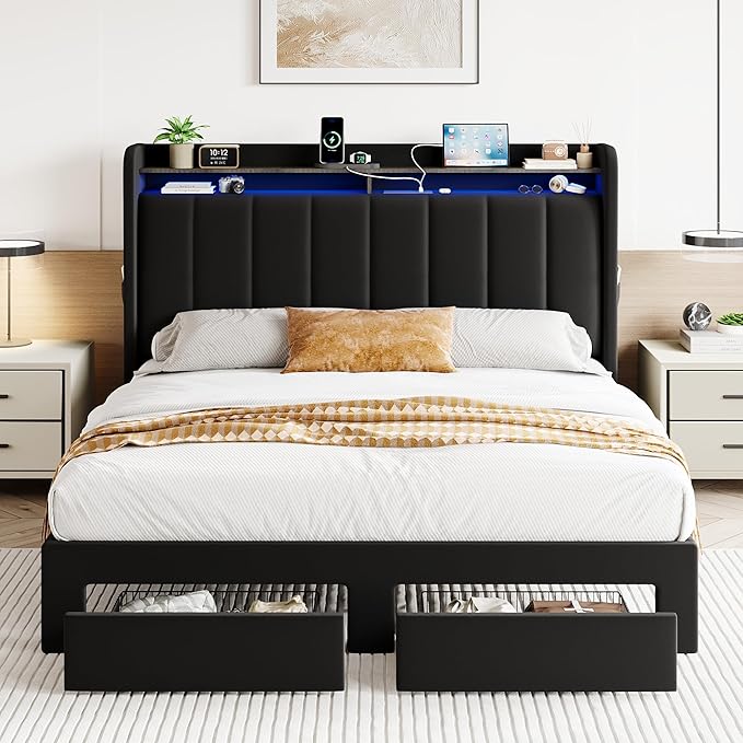 SHA CERLIN Velvet Full Size Bed Frame with Vertical Channel Tufted Wingback Headboard & 2 Storage Drawers/2-Tier Shelves with LED Lights & Charging Station/Noise-Free/No Box Spring Needed/Black