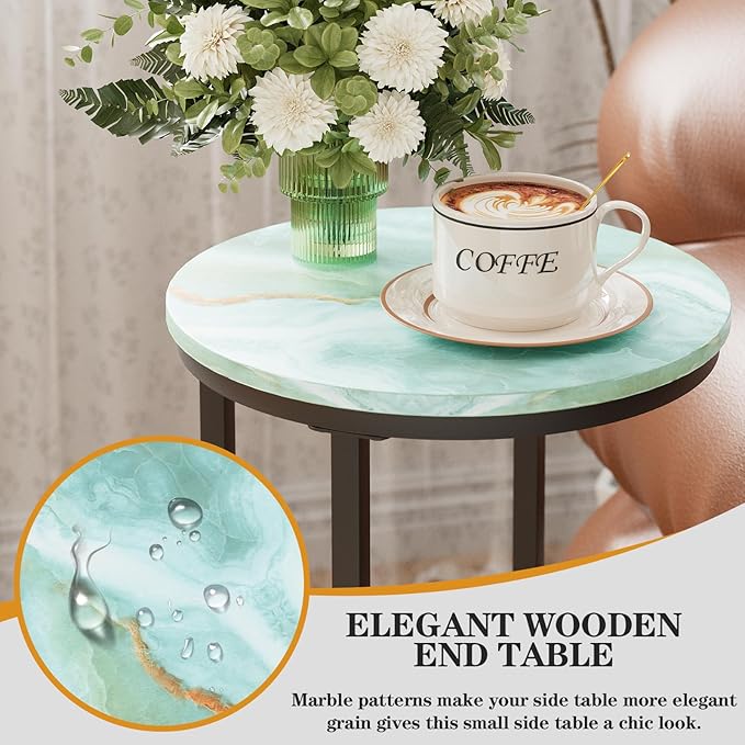 C Shaped end Table,Wood Round Side Table for Couch,Small Sofa Table with Metal Frame for Bedroom,Living Room,Bedside,Sea Blue(11.81" D x 11.81" W x 23.62" H)
