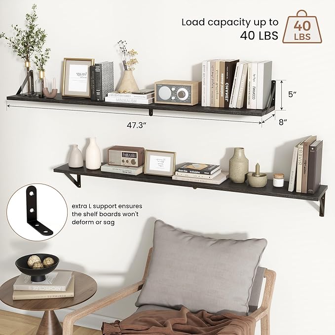 Axeman Black Floating Shelves for Wall 48 Inch | 47.3W x 8D Rustic Wood Floating Shelves Set of 2 | 8 Inch Deep Long Wall Shelves for Bathroom Kitchen Living Room | Bookshelf Display Shelves