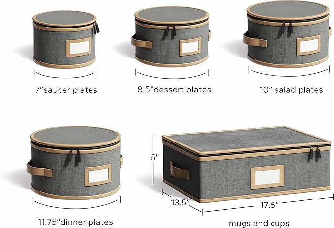 Hard Shell China Storage Containers – 5 Piece Set for Storing Dinner Plates, Salad Plates, Mugs, Quilted Dividers for Safe Moving and Seasonal Storage, Grey with Brown Edging