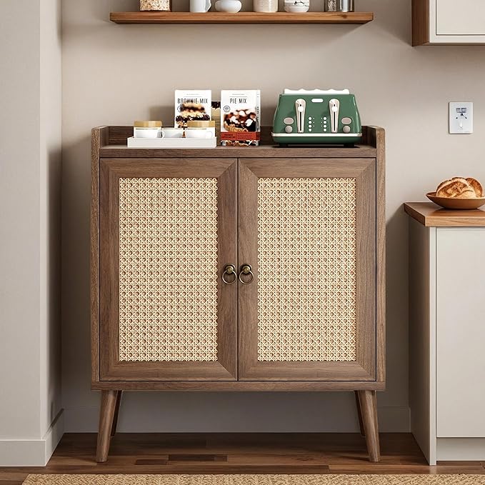 26" Rattan-Door Sideboard Cabinet with Round Pull Rings, 2-Door Credenza Buffet with Generous Storage, Modern Accent Cabinet for Living Room & Kitchen, Light Brown