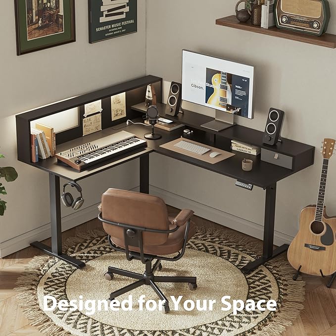 Agilestic L-Shaped Electric Standing Desk, 63x55 Inch Ergonomic Adjustable Height Desk with Storage, Stand Up Corner Desk Sit Stand Computer Table Power Outlet & LED Lights, Office Table, Black