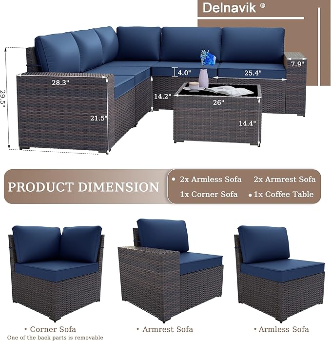 Kurapika 6 Pieces Patio Furniture Set, Rattan Outdoor Conversation Sets w/4 Inch Cushion and Glass Coffee Table(Navy Blue)