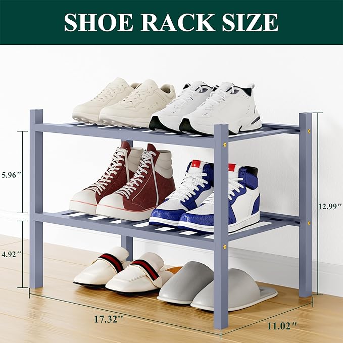 Smiry Shoe Rack, 2 Tier Small Bamboo Shoe Organizer, Stackable Free Standing Wooden Shoe Storage Shelf for Closet, Entryway, Front Door Entrance, Grey