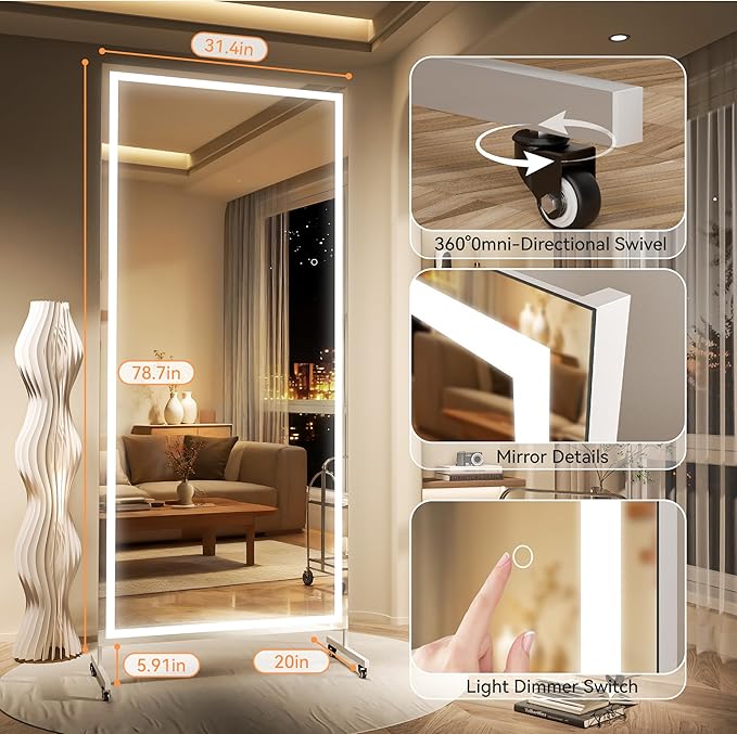 Hasipu Home Gym Mirror with Light 360° Swivel on Wheels, 79" x 32" Extra Large Full Length Rolling LED Mirror for Yoga Studio, Bedroom, Dancing Studio, White