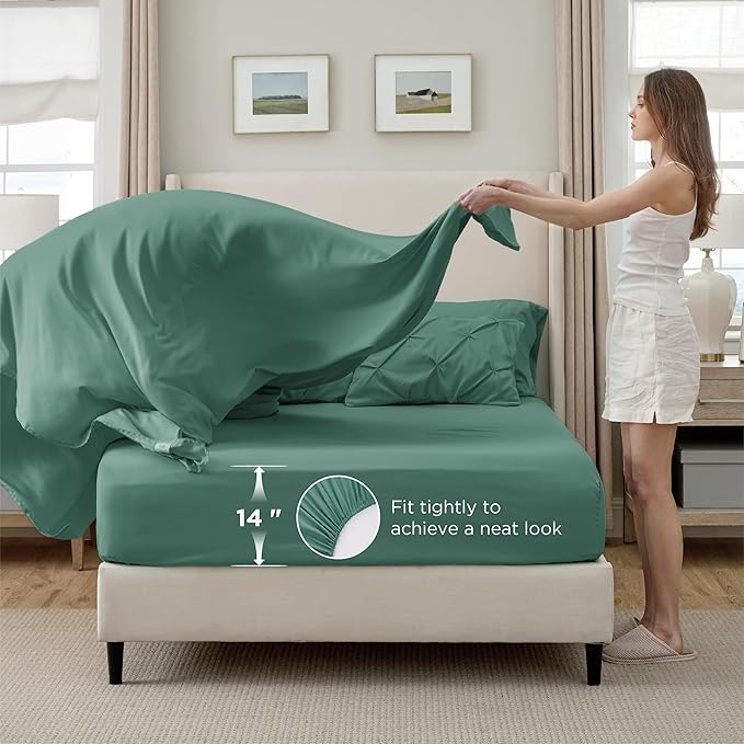 Bedsure Twin Comforter Set Graysih Green - Bed in a Bag Twin Size Bedding 5 Pieces, GentleSoft™ Pintuck Bed Set Gift for Family, Pinch Pleat Graysih Green Comforter with Sheets, Pillowcase & Sham