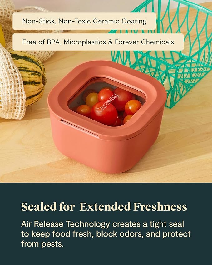 Caraway 2pc Glass Food Storage Set - 1.75 Cup Food Containers (2) - Non-Toxic Ceramic-Coated Glass - Air Release Technology - Compact & Stackable Design - Gray