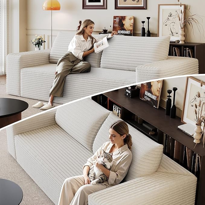 Cloud Loveseat Sofa, Modern Corduroy 2-Seater Couch with Deep Seat, No Assembly Required Memory Foam Sofa, Boneless Sofa in a Box for Bedroom, Apartment, Office,Small Space (White,63in)