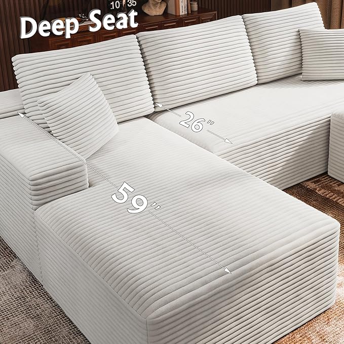 3-Piece Boneless Modular Sectional Sofa, Cloud Couch, Left Facing Chaise with Ottoman, Oversized Deep Seat, Soft Corduroy Fabric, Sectional Couch for Living Room-White