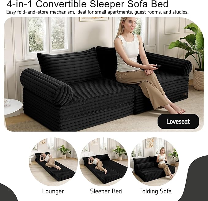 MeMoreCool Convertible Sofa Bed, Folding Floor Couch Bed Queen, Pull Out Sleeper Couch with Pillows, Fold Out Futon Sofa for Bedroom Living Room Small Space, Corduroy Black