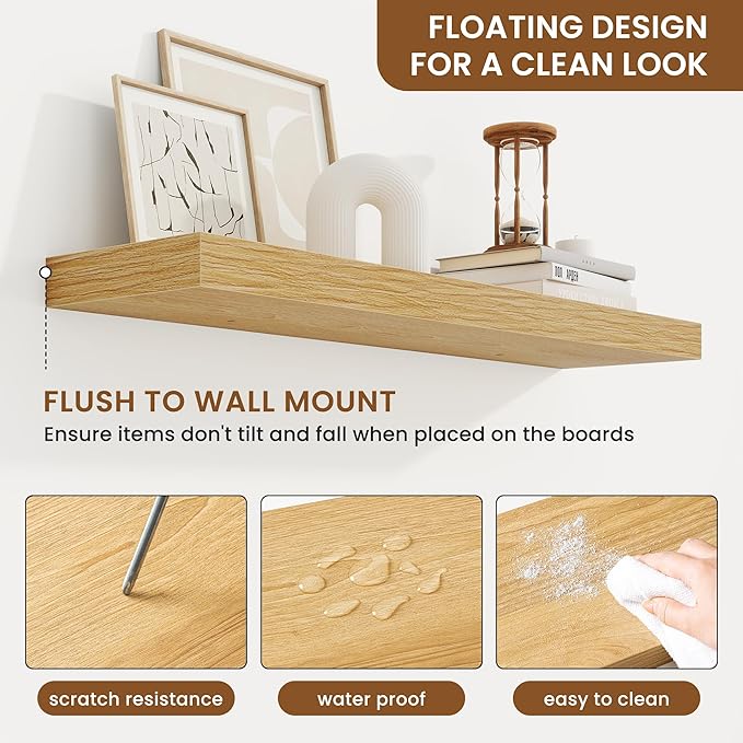 fuqing Floating Shelves for Wall, Wall Mounted Wood Floating Shelf with Invisible Brackets for Living Room, Bathroom, Bedroom, Kitchen Storage and Decor, 32 Inch Set of 2, Oak