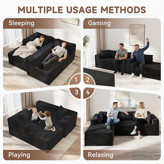 106" Cloud Couch Corduroy Modular Sectional Sofa L-Shape Boneless Couch with Wide Armrests and Cup Holders for Living Room Bedroom, No Assembly Required (Black)
