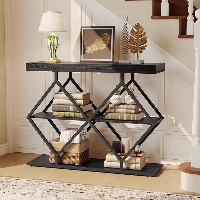 Garvee 3-Tier Entryway Table, Industrial Console Sofa Table with Storage, Accent Table with Open Shelves, Diamond-Shaped Metal Frame, Foyer Table for Entryway, Hallway, Black