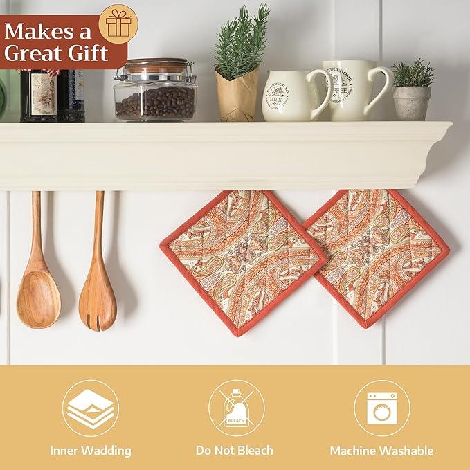Maison d' Hermine Pot Holders 100% Cotton Heat Resistant Potholders 8" x 8" Hot Pads with Loop for Thanksgiving Christmas Decorations BBQ Cooking Baking Handling Hot Pans (Pack of 1, Kashmir Paisley)