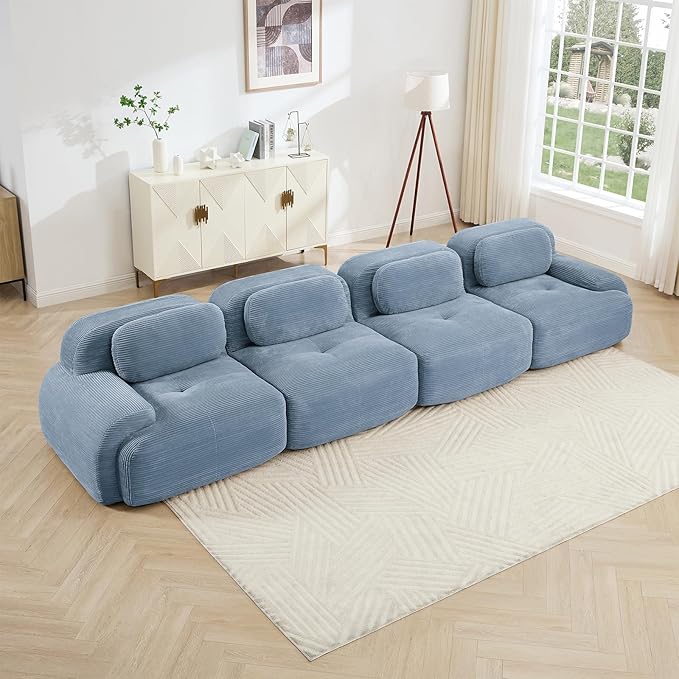 152" Modern Compressed Boneless Couch, 4 Seater Sectional Couches for Living Room, Blue Corduroy Cloud Modular Sectional Sofa, Comfy Memory Foam, Extra Deep, Sofas para Sala, No Assembly