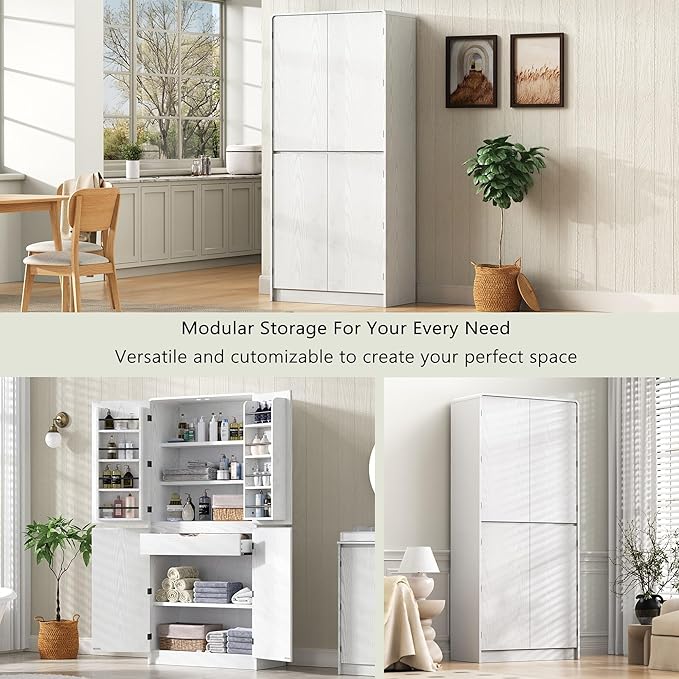 Merax 72" Tall Farmhouse Kitchen Pantry Cabinet with 8 Door Shelves, Curved Design Storage Cabinet with 3 Adjustable Shelves, Hidden Drawer, Versatile Cupboard for Kitchen, Dining & Bathroom, White