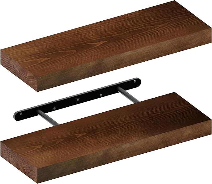 foxsky 16 Inch Solid Pine Wood Floating Shelves for Wall with Hidden Brackets, Rustic Farmhouse Wall Mounted Shelf for Bathroom, Living Room, Bedroom, Kitchen, Office Decor (Walnut)