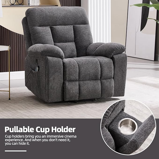 CANMOV Large Power Lift Recliner Chair with Massage and Heat for Elderly Big and Tall People, Overstuffed Wide Recliners with 2 Cup Holders, Side Pocket and USB Port, Dark Grey