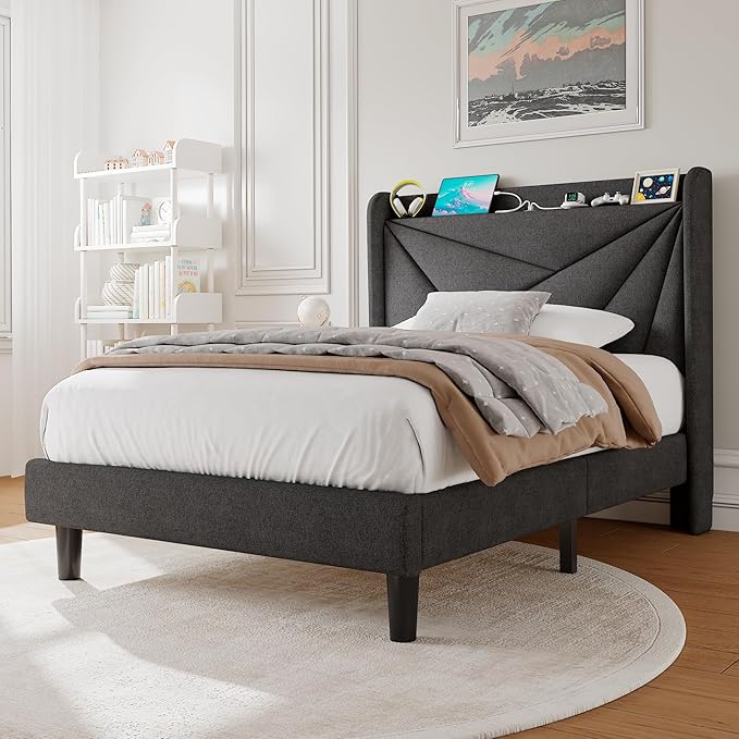 Twin Size Upholstered Bed Frame with Charging Station, Platform Bed Frame with Storage Headboard, Solid Wood Slats Support, No Box Spring Needed, Dark Gray
