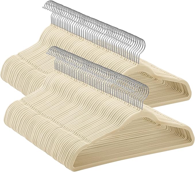 SONGMICS Velvet Hangers 100 Pack, Non-Slip Clothes Hangers with Silver-Colored Swivel Hooks, Slim Space-Saving for Closet, Heavy-Duty, Summer Sand UCRF026LF02S