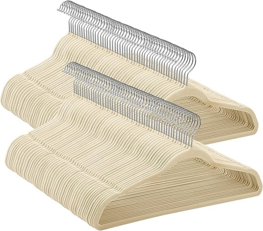 SONGMICS Velvet Hangers 100 Pack, Non-Slip Clothes Hangers with Silver-Colored Swivel Hooks, Slim Space-Saving for Closet, Heavy-Duty, Summer Sand UCRF026LF02S