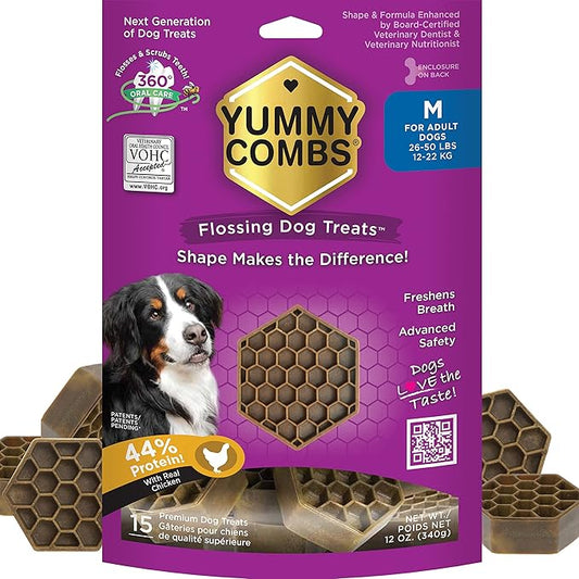 Yummy Combs Dog Dental Treats – Vet VOHC Approved – Delicious Chicken Protein – Removes Tartar with Cleaning Comb Shape – Dental Dog Treats for Medium Dogs (12oz, 15 Count)