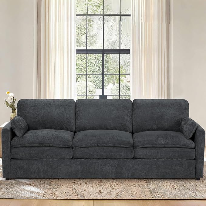 89” Chenille Sofa w/Arm Pillows, Upholstered 3-Seater Sofa w/Comfortable Back Cushions, Modern 3 Seats Couch w/High-Density Foam for Living Room, Apartment, Office, Grey