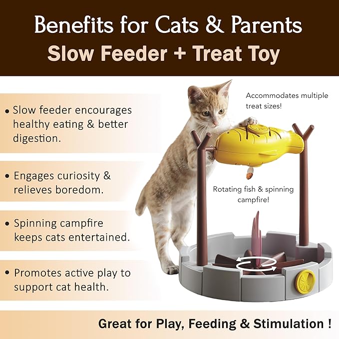 PetPals 11" High Cats Treat-Dispensing Slow Feeder,Pets Dry Food Dispenser,Cats Slow Feeding Snack Bowl, Grilled Fish Spinning Toy, Food Puzzle Cat Toy