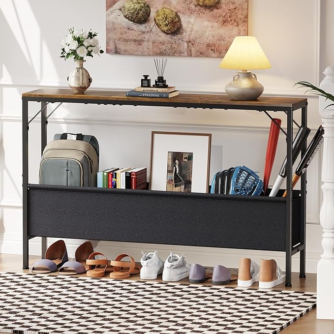 Narrow Console Table with Storage Basket, 47.2'' Behind The Couch Table, Skinny Sofa Table, Entryway Table, Small Console Table, Display Table for Hallway, Foyer, Living Room, Rustic Brown