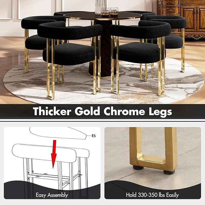 Set of 4 Modern Black Boucle Dining Chairs with Gold Metal Legs, Mid Century Accent Upholstered Barrel Armchairs with Open-Back for Kitchen, Dining Room, Living Room, Apartment