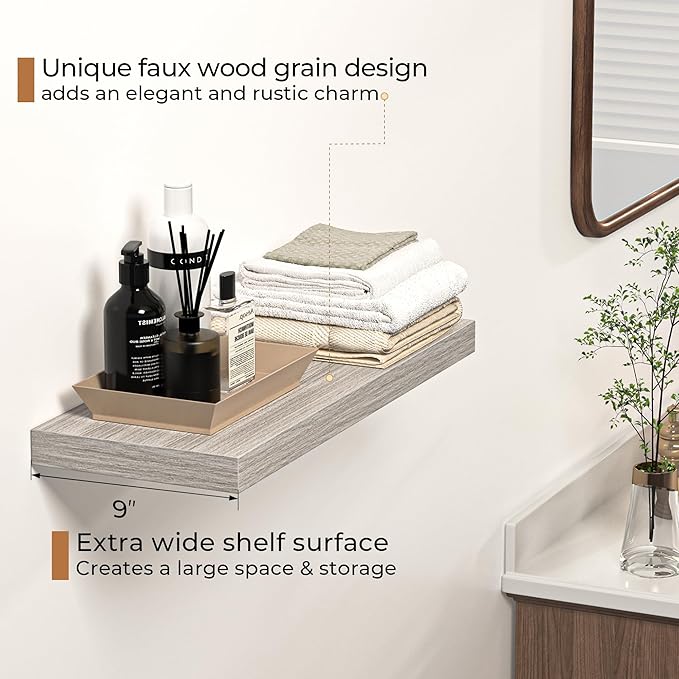 Floating Shelves - 24 Inch Rustic Wooden Wall Shelves - Extra Deeper & Thicker Wall Mounted Storage Shelf for Living Room, Kitchen, Farmhouse - 24" W x 9" D x 1.6"H - Rustic Grey, 2 Pack