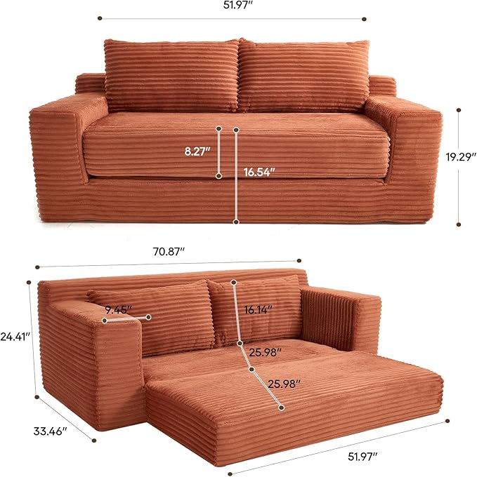 Fefances Loveseat Sofa Bed Boneless Couch, Convertible 2-in-1 Design, Corduroy Fabric - Compact Memory Foam Couch for Small Spaces, Apartments, Home Office & Bedroom（Orange）