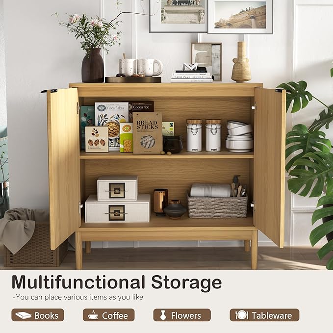 Fluted Cabinet with Storage, Buffet Cabinet Sideborad with Door, Kitchen Buffet Storage Accent Cabinets with Adjustable Shelves for Living Room, Entry, Hallway, Natural