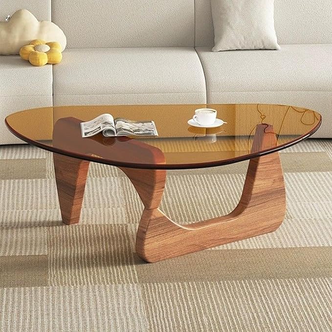 EASYSOUL Modern Glass Coffee Table, 32.68" D x 22.44" W x 15.75" H, Abstract Round Tea Tables for Living Room Home Office Industrial Cocktail Tables (Walnut-Brown Glass, 32.68")