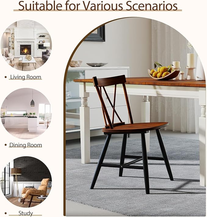 Giantex Windsor Dining Chairs Set of 2, Farmhouse Wooden Kitchen Chair w/Cross Back, Wide Seat, Rubber Wood Frame, Armless Side Chairs for Kitchen, Dining Room, Living Room, Restaurant, Dark Oak