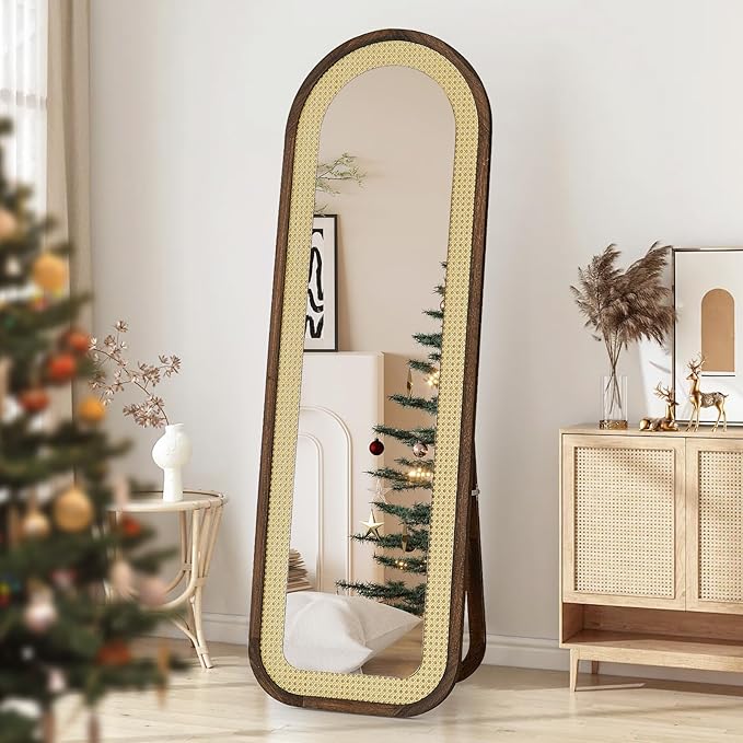 Arched Full Length Mirror with Solid Wood Frame & Rattan Panel, 64"x21" Rustic Wall Mounted Floor Mirror - Free Standing, Leaning Against Wall, Wall-Mounted for Bedroom Living Room (Brown)