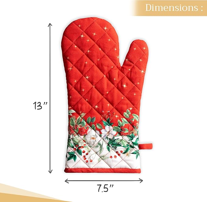 Maison d' Hermine Oven Gloves 100% Cotton Oven Mitt 7" x 13" with Loop Heat Resistant BBQ Cooking Gloves for Thanksgiving Christmas Decorations Baking Handling Hot Pans (Pack of 1, Noel)