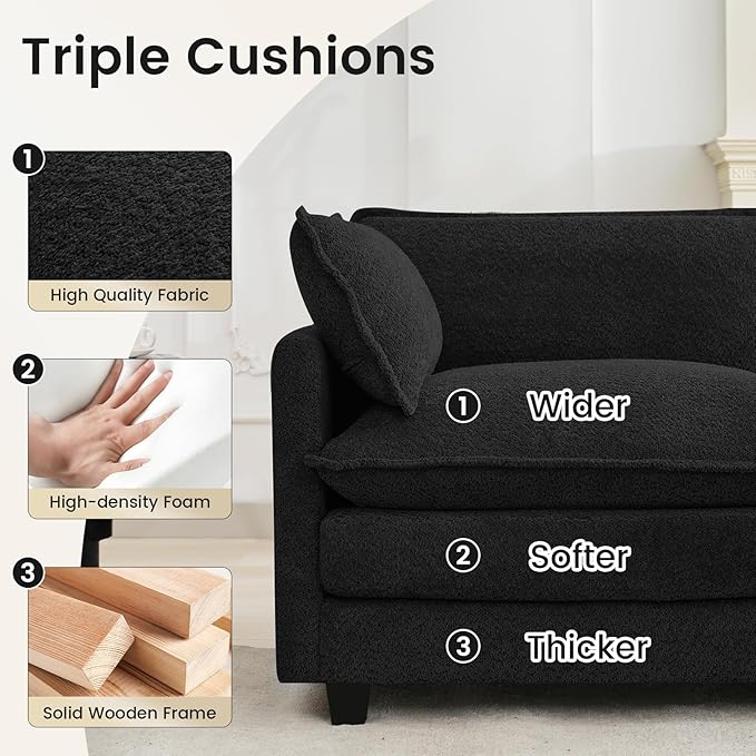 ROWHY Modular Loveseat Sectional Sofa, 78" Upholstered Loveseat, 2 Deep Seat Sofa Couch with 2 Throw Pillows for Small Space, Modern Comfy Cloud Couch for Living Room, Chenille, Black