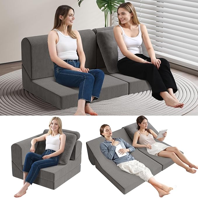 COMAX Folding Sofa Bed, 8-in-1 Foldable Floor Couch Corduroy Convertible Futon Sofa, Fold Out Chair Bed Sleeper Mattress Comfy Portable Lounge Loveseat Guest for Living Room Bedroom, Dark Grey