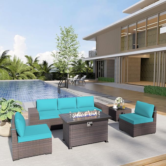 Kurapika 7 Pieces Patio Furniture Set, Rattan Outdoor Conversation Sets w/43in Propane Fire Pit Table and 4 Inch Cushion(Blue)