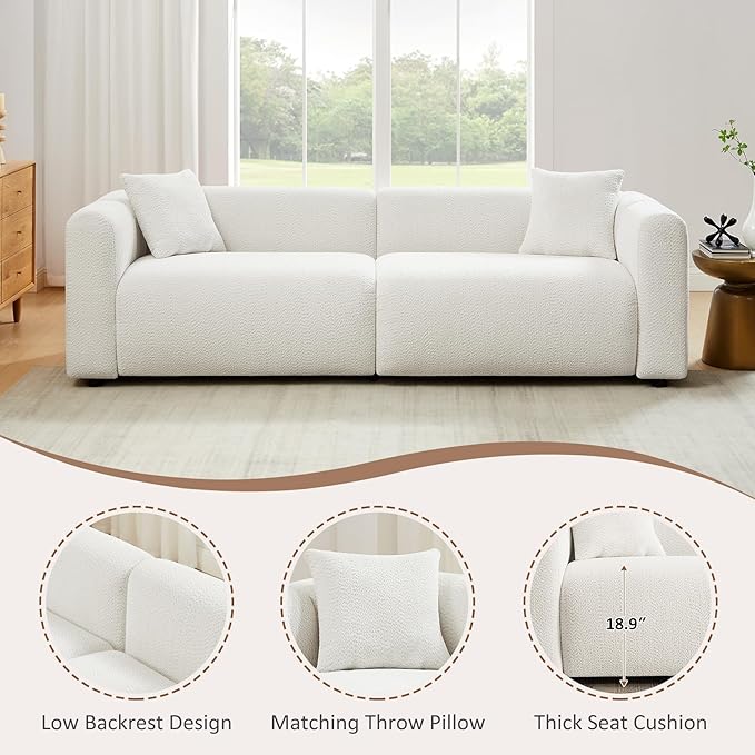 VANOMi 95" Cloud Couch, Comfy Deep Seat Boucle Cloud Sofa, Upholstered 3-Seater Oversized Loveseat Sofa with 2 Pillows, Modern Sofa for Living Room, Bedroom, Office, Apartment (White)