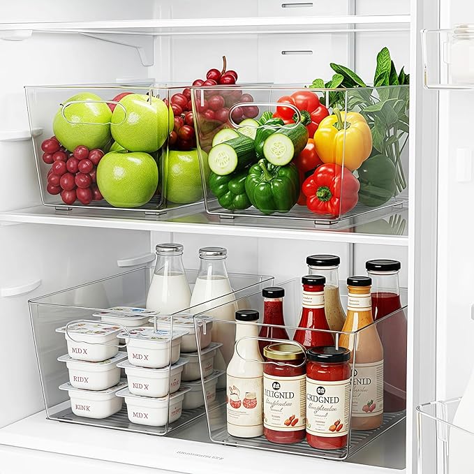 Clear Plastic Storage Bins, 4 Pack Pantry Organizers & Storage Containers, Cabinet Organizer, Home Organization Must Haves for Kitchen, Laundry Room, Office, Closet & Freezer