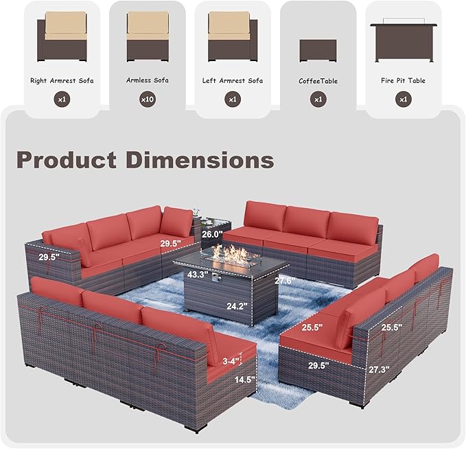Kurapika 14 Pieces Patio Furniture Set, Rattan Wicker Outdoor Conversation Sets w/43in Propane Fire Pit Table and 4 Inch Cushion(Red)
