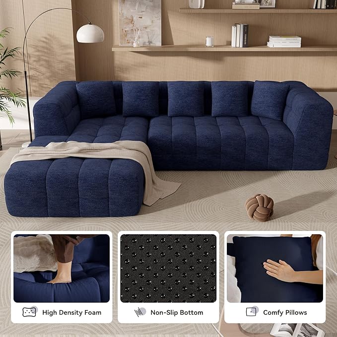 107" Modern Boneless Couch with L - Shaped Chaise, Comfy Chenille Modular Sectional Sofa with Tufted Design, Deep Seat Upholstered Sofa Bed, No - Assembly Sectional Couch, Blue