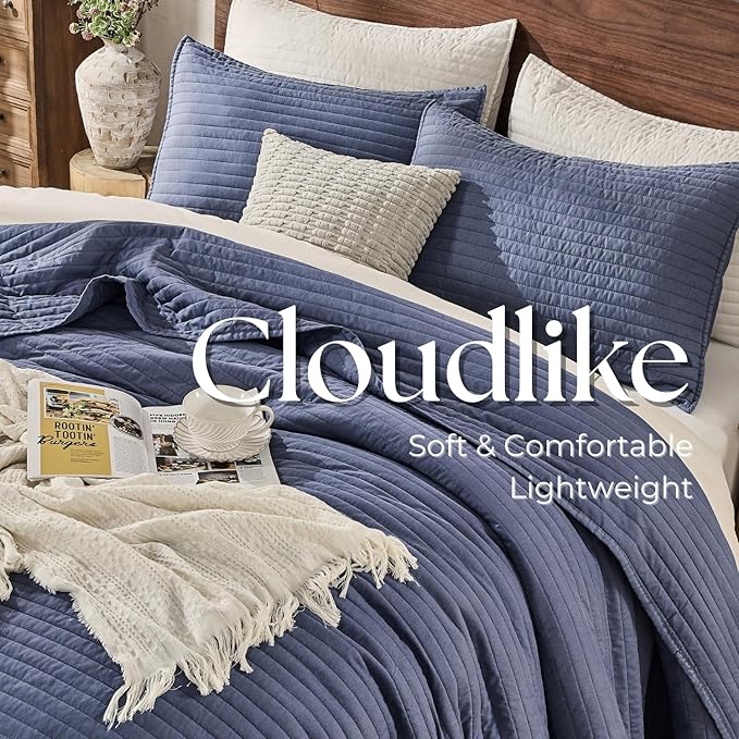 DOWN HOME King Quilt Bedding Set with Shams, Vintage Washed Soft Quilted Blanket Thin Comforter Lightweight Bedspread Coverlet Bed Cover, Brushed Microfiber Stripe Stitching, Vintage Denim, 104"x90"