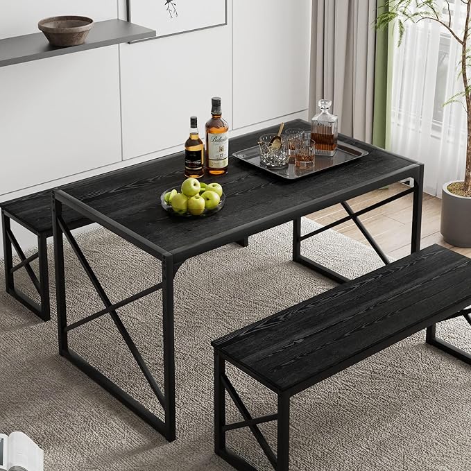 VECELO Kitchen Dining Table Benches Set for 4, 55" Wooden Dinette with 2 Benches, Heavy-Duty Dining Room Table for Small Space, Breakfast Nook, Black