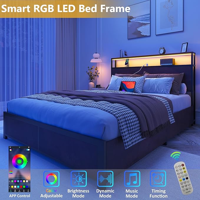 Lifezone Full Bed Frame with 2-Tier Storage Headboard, Metal Platform Bed Frame with 4 Storage Drawers, Built in Charging Station & LED, Noise-Free/Metal Support/No Box Spring Needed, Coffee Brown